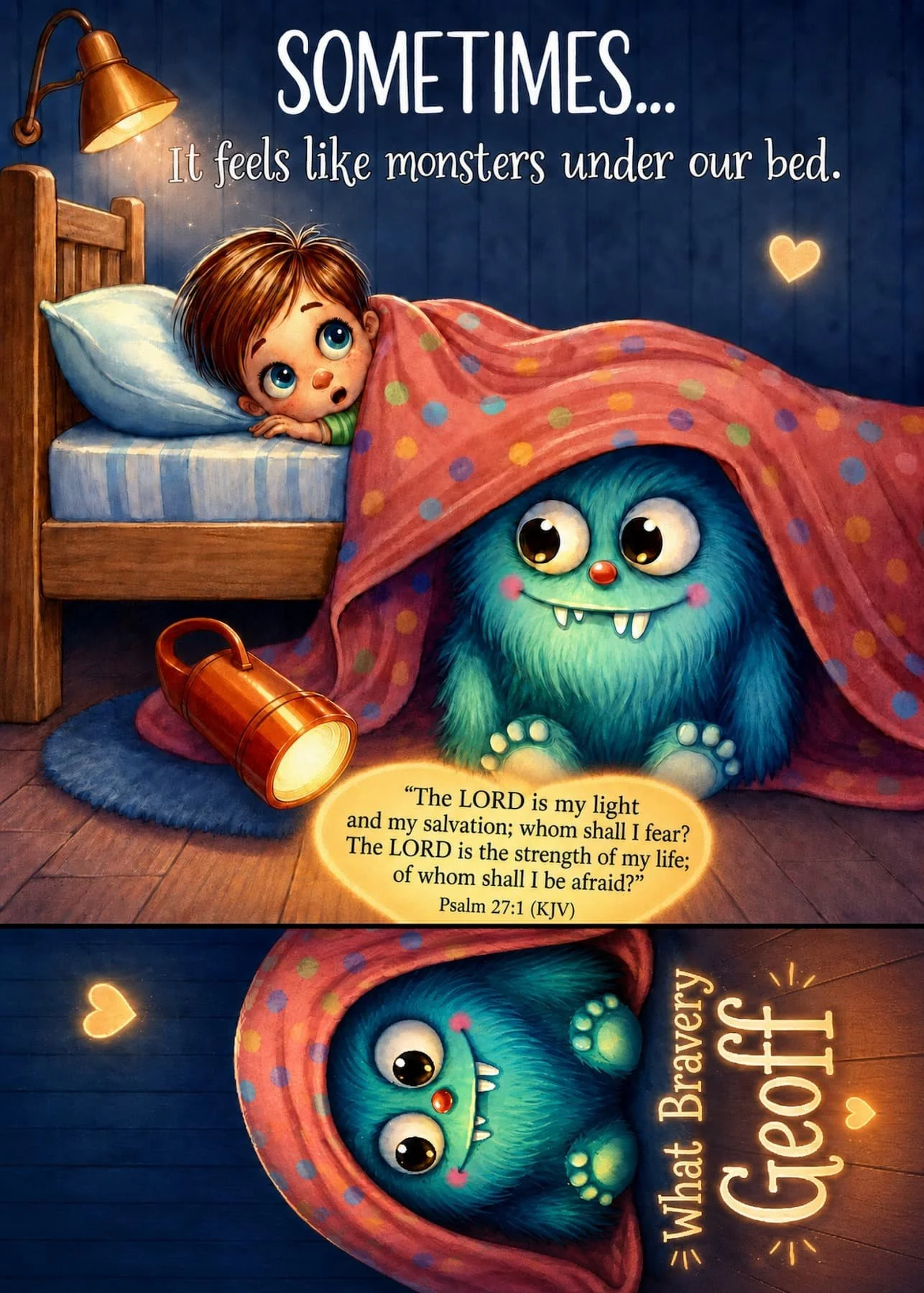 Whimsical encouragement card showing a child in bed with a friendly blue monster beneath a colorful blanket and small glowing hearts