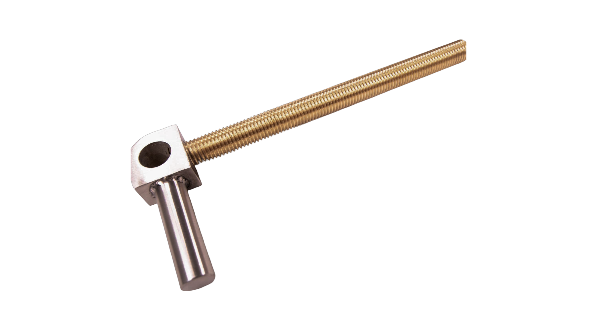 A metal bolt with a threaded rod and a small metal T-shaped tool attached to the bottom, isolated against a black background.