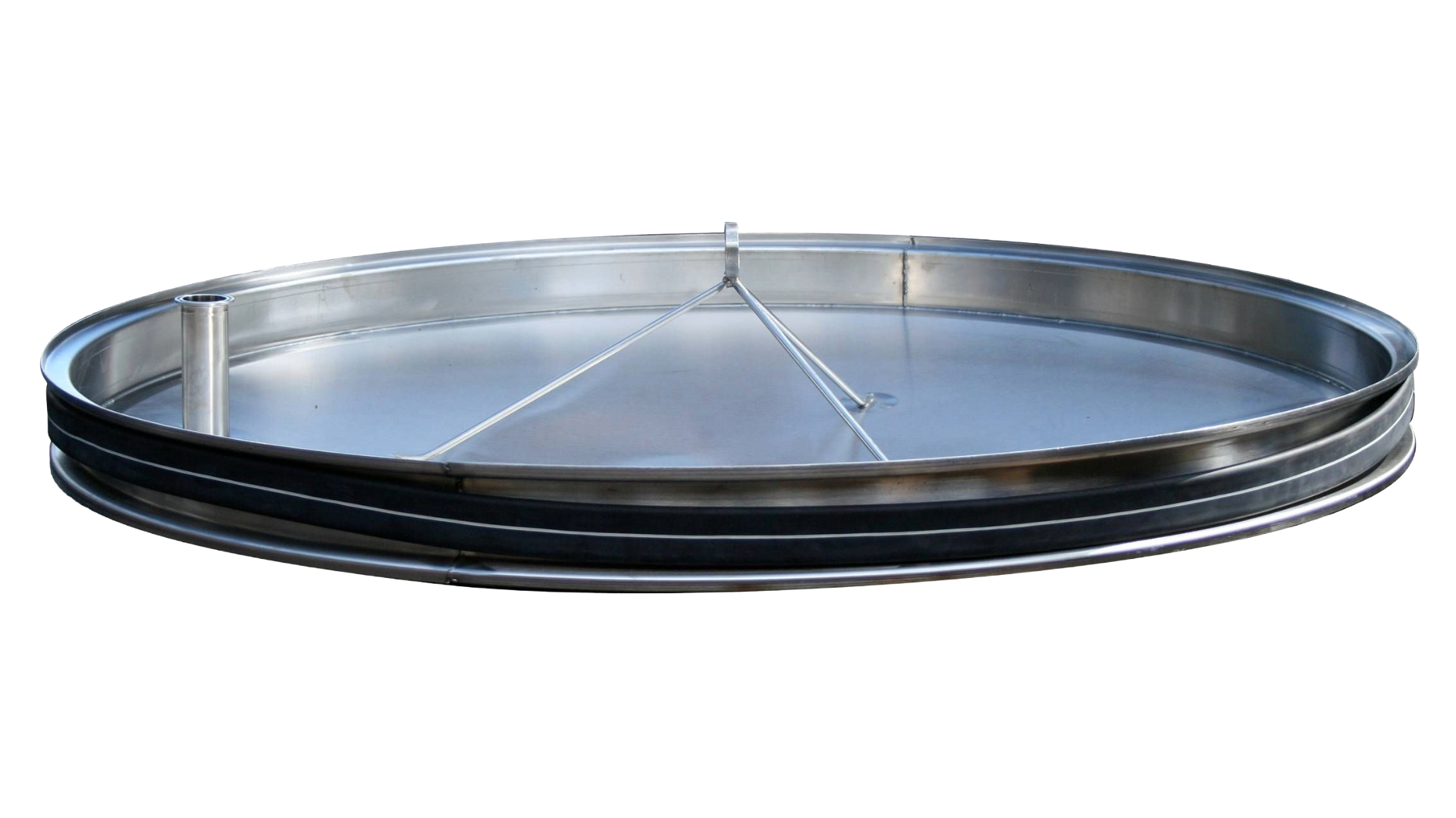 A JVNW open top fermenter floating lid with the inflation tube (often a polyethylene or flexible rubber  hose) used on the floating lid of variable-capacity open-top fermenters manufactured by JV Northwest (JVNW), a well-respected U.S. manufacture.