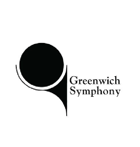 Greenwich Symphony logo with a black circle and a stylized white curved line, along with the text 'Greenwich Symphony'.