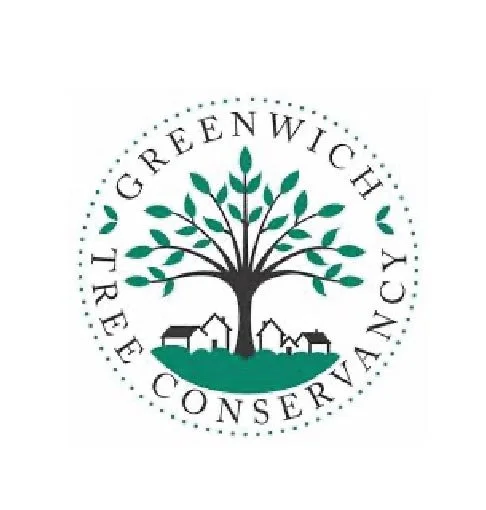 Logo for Greenwich Trub Conservation featuring a tree with green leaves and a black trunk, with houses at its base and the organization name encircling the tree.