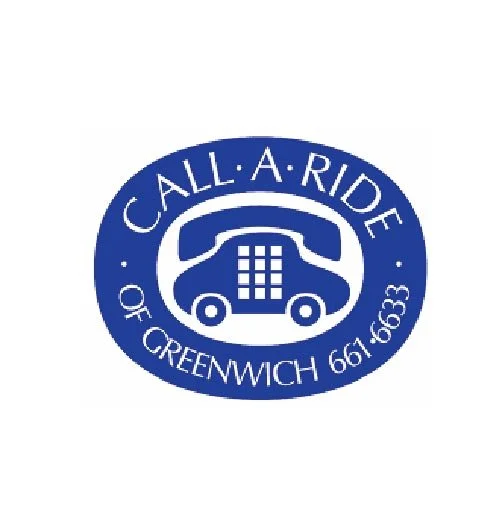 Blue circular logo with a vintage telephone in the center and the text 'CALL A RIDE OF GREENWICH 661-6633' around it.