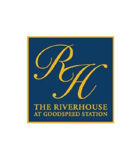 Logo for The Riverhouse at Goodspeed Station featuring the initials R and H in yellow on a dark blue background with yellow border, and text below reading "The Riverhouse at Goodspeed Station."