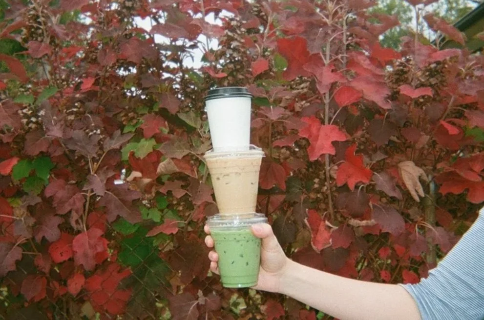 A person holding a stack of three different iced beverages in plastic cups in front of red and green leafy bushes.