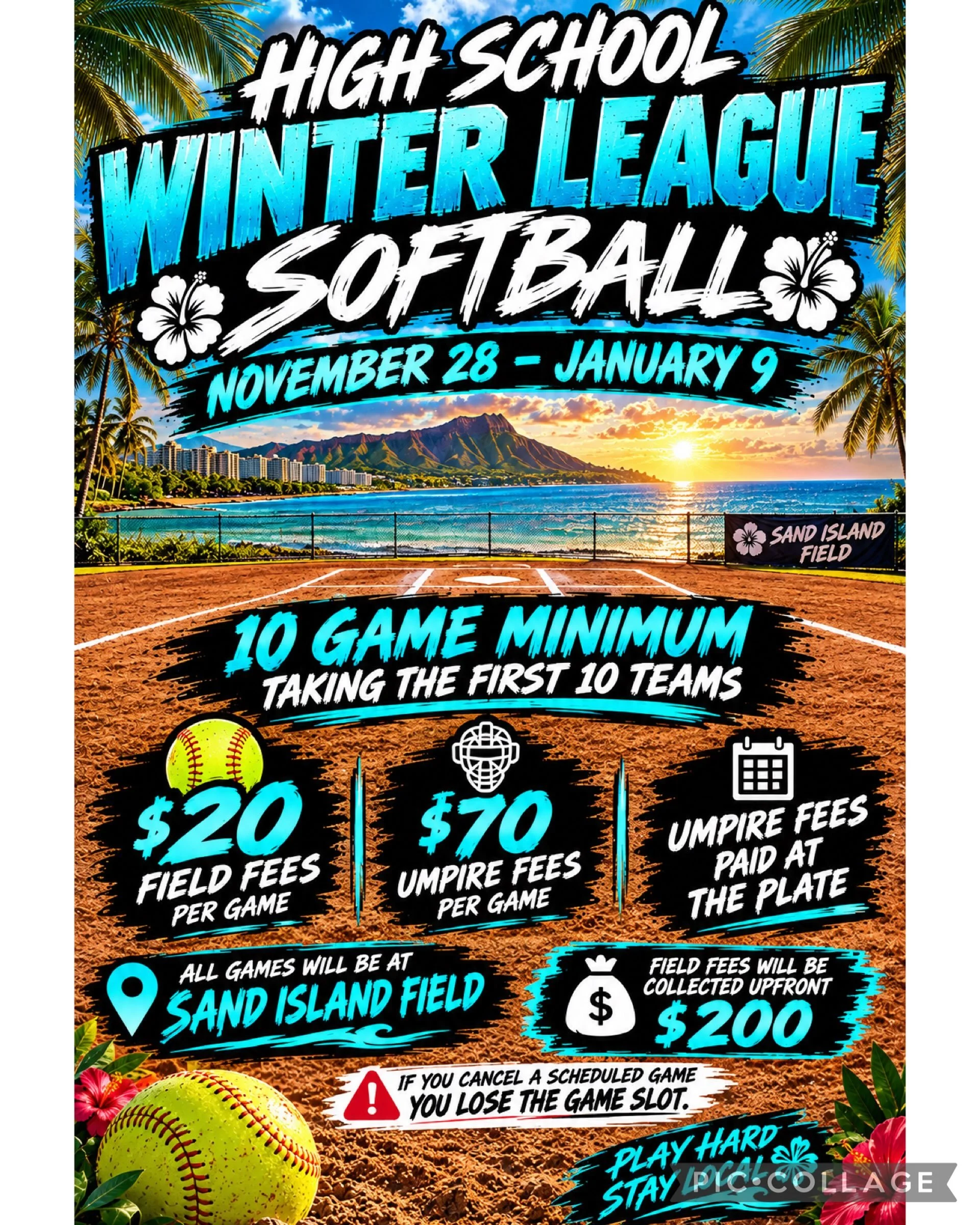 You read that right!  UBS putting out the call to high school teams looking for game reps during the winter.  All games at Sand Island on Saturdays&hellip;single header or double, you let us know.

$200 field fees, paid in advance,10 game minimum 

O