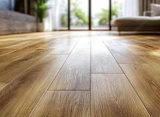 Close-up of a wooden floor in a living room with large windows in the background.
