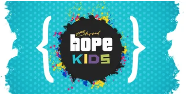 Colorful logo with the word 'hope' and 'KIDS' in vibrant letters surrounded by splashes of paint on a blue polka dot background.