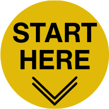 Yellow circular sign with black text saying "START HERE" and a downward arrow.