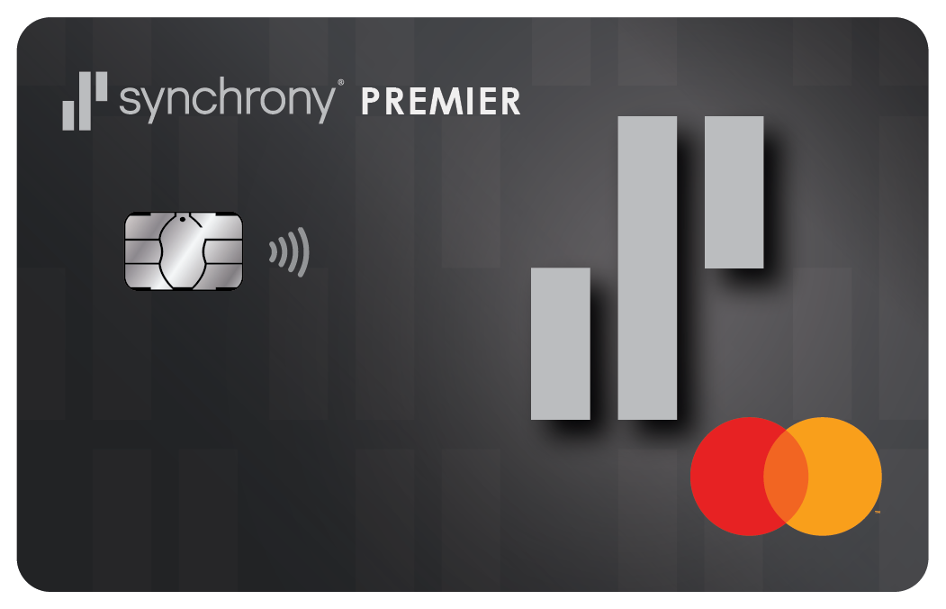 Synchronous Premier Mastercard credit card with a grey background, bar chart graphic, EMV chip, contactless payment icon, and Mastercard logo.
