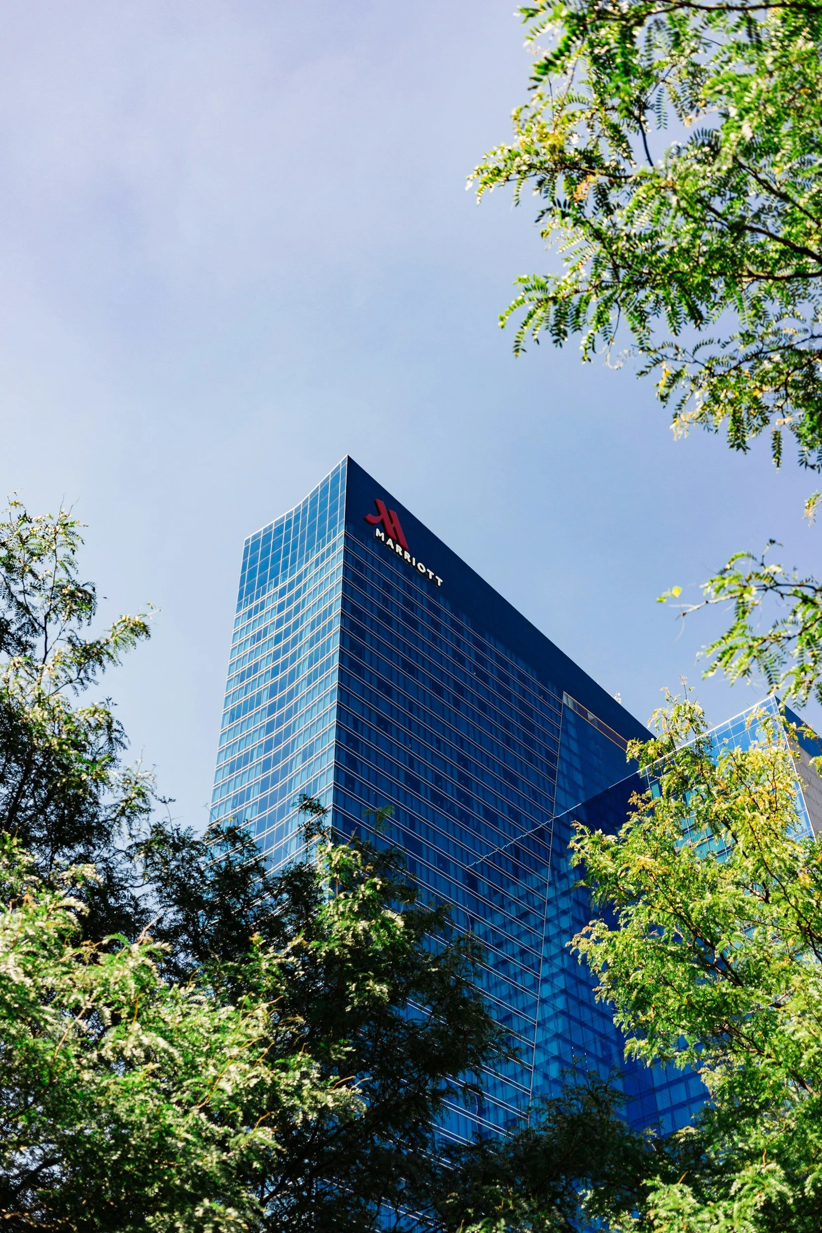 Tall blue glass skyscraper with the Marriott logo at the top, partially obscured by green trees in the foreground, under a clear blue sky.