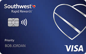 Southwest Rapid Rewards Visa credit card with a blue background, a heart logo, and the name Bob Jordan.