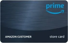 Amazon Prime store credit card with blue and black design and Amazon Prime logo in the top right corner.