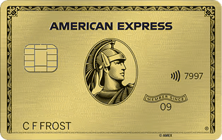 Golden American Express card featuring a profile of a woman's face in a circular frame, with the cardholder name C F Frost, and a chip on the left side.