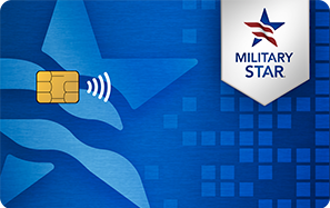 Military Star debit card featuring a blue background with digital patterns and a gold chip