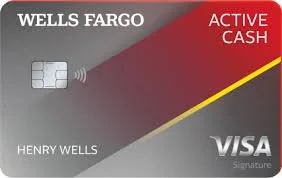 Wells Fargo Visa Signature credit card with active cash, featuring red and gray colors and the VISA logo.
