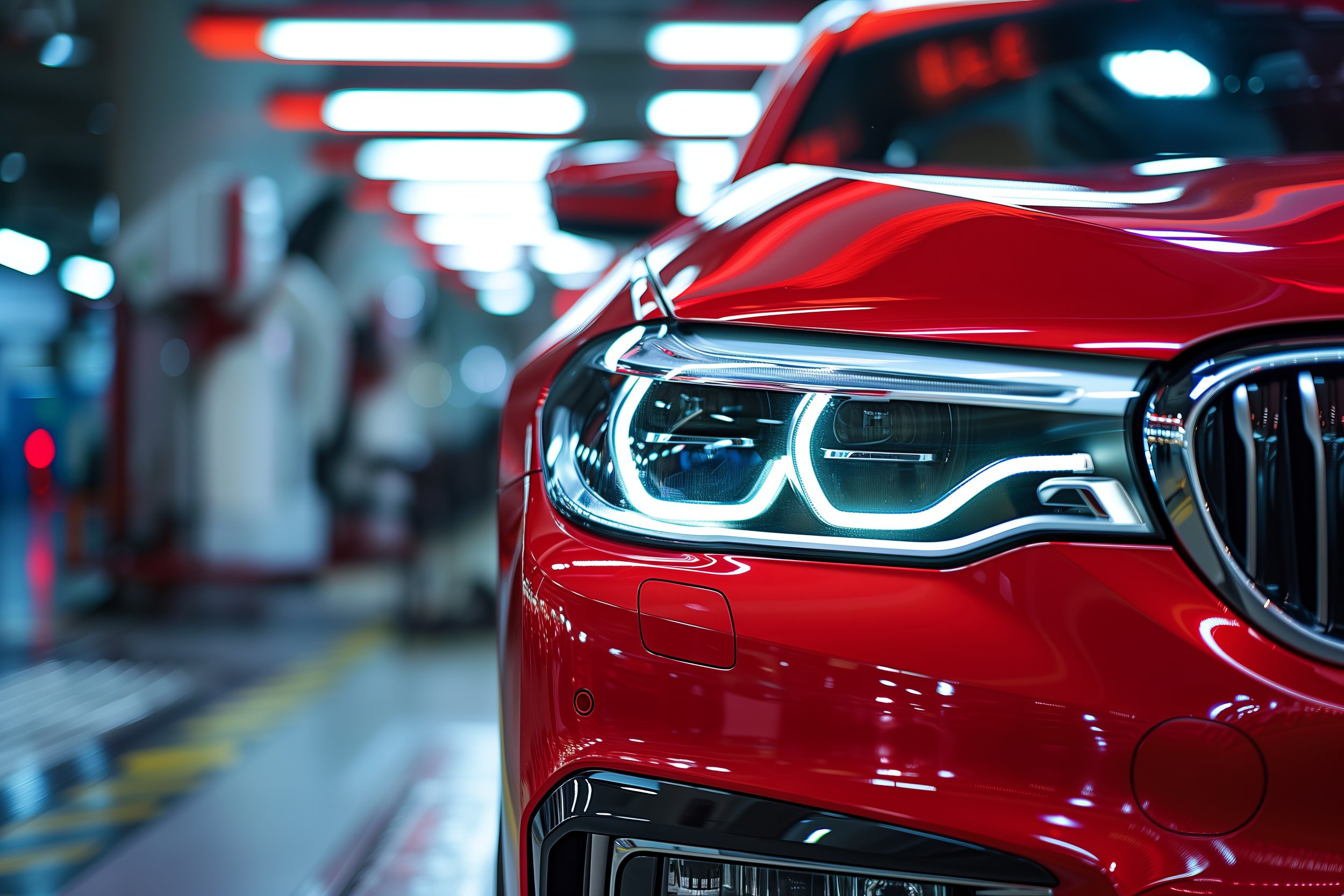 A close-up of a red luxury car's front left side, showing the headlight, grille, and hood, in a modern car showroom or factory setting.