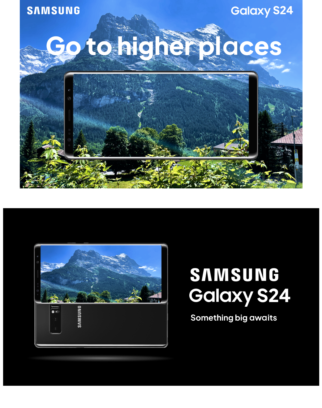 Advertisement for Samsung Galaxy S24 smartphone featuring a scenic mountain landscape displayed on the phone with the text 'Go to higher places' and 'Something big awaits'.