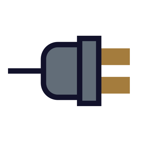 Simplified electrical plug with black background shows a two-pronged power adapter.
