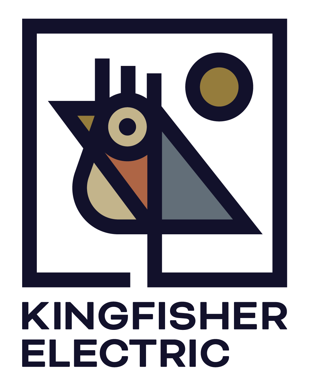 Abstract logo for Kingfisher Electric, featuring geometric shapes that resemble a bird and a sun or moon.