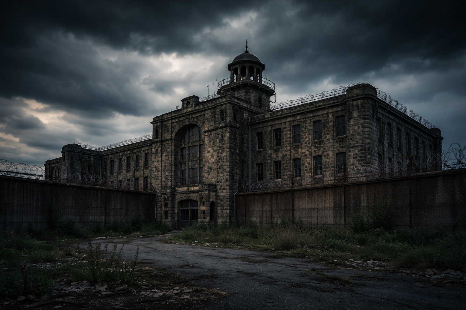 Exterior shot of an abandoned prison looming against a dark sky