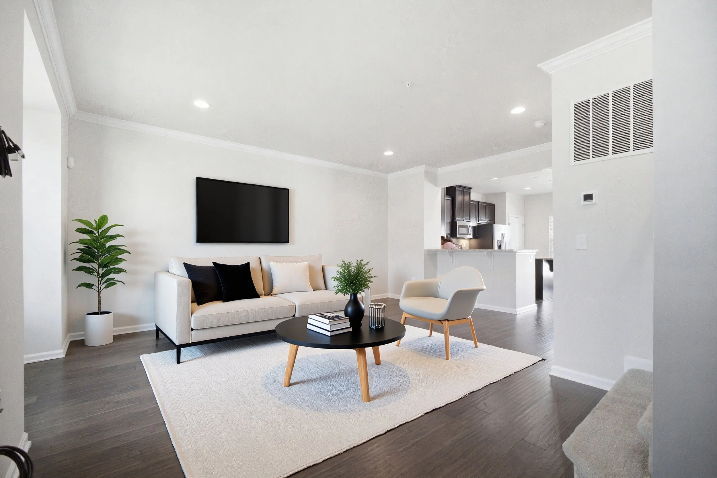 Living room with a tan sectional sofa with cushions, black round coffee table with books and a small plant, a tall black bookshelf with decor, a large green potted plant, a mirror on the wall, and a rug.