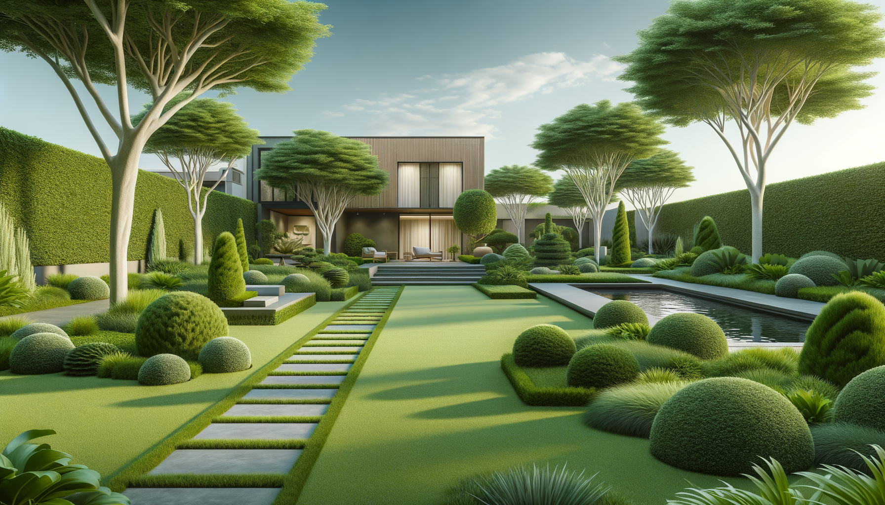 A modern backyard with manicured lawn, tall trees, and neatly shaped bushes and hedges, featuring a small reflecting pool and a contemporary house in the background.