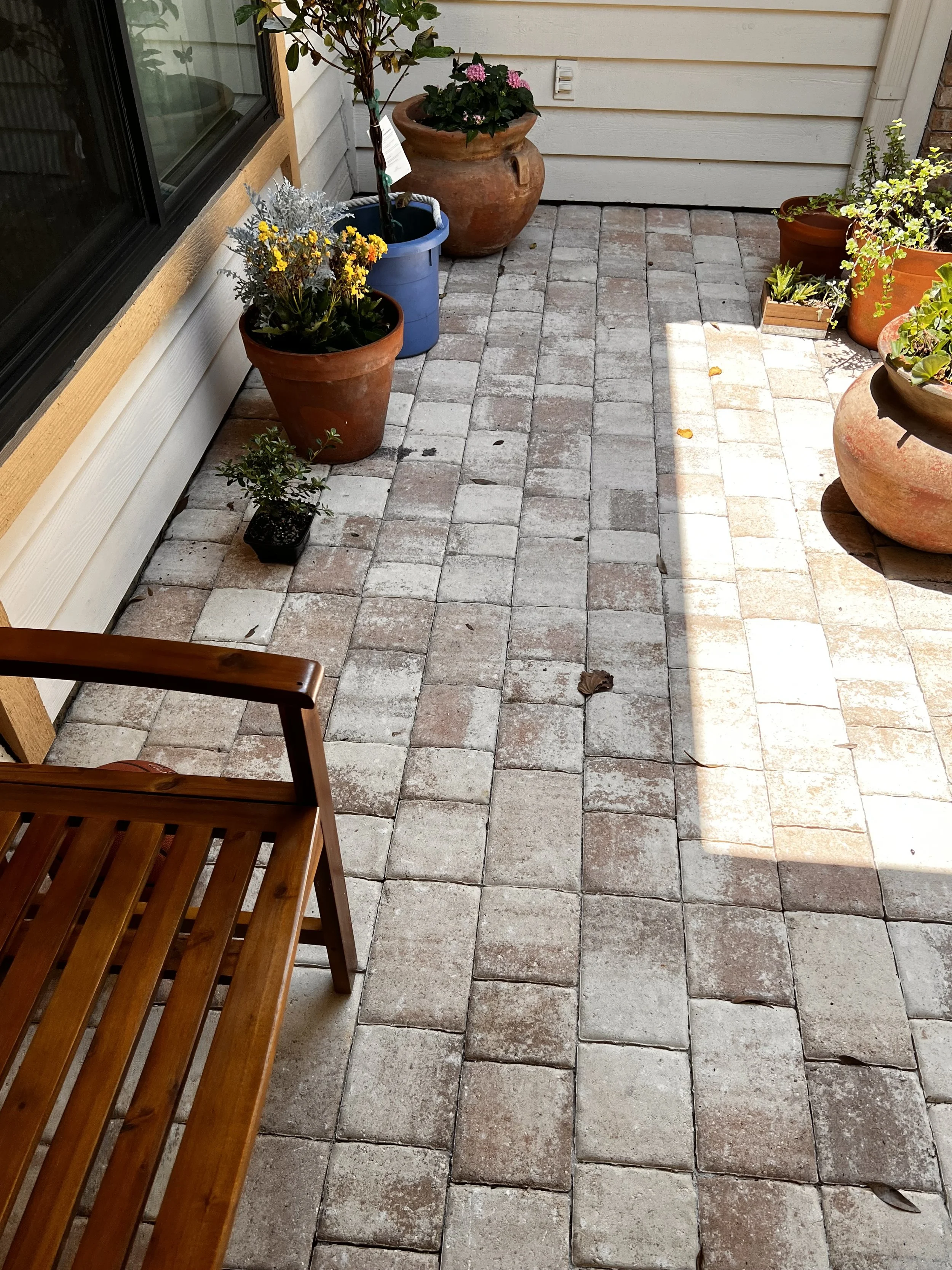 A section of a porch or patio with a brick paver floor, various potted plants, and a wooden chair.