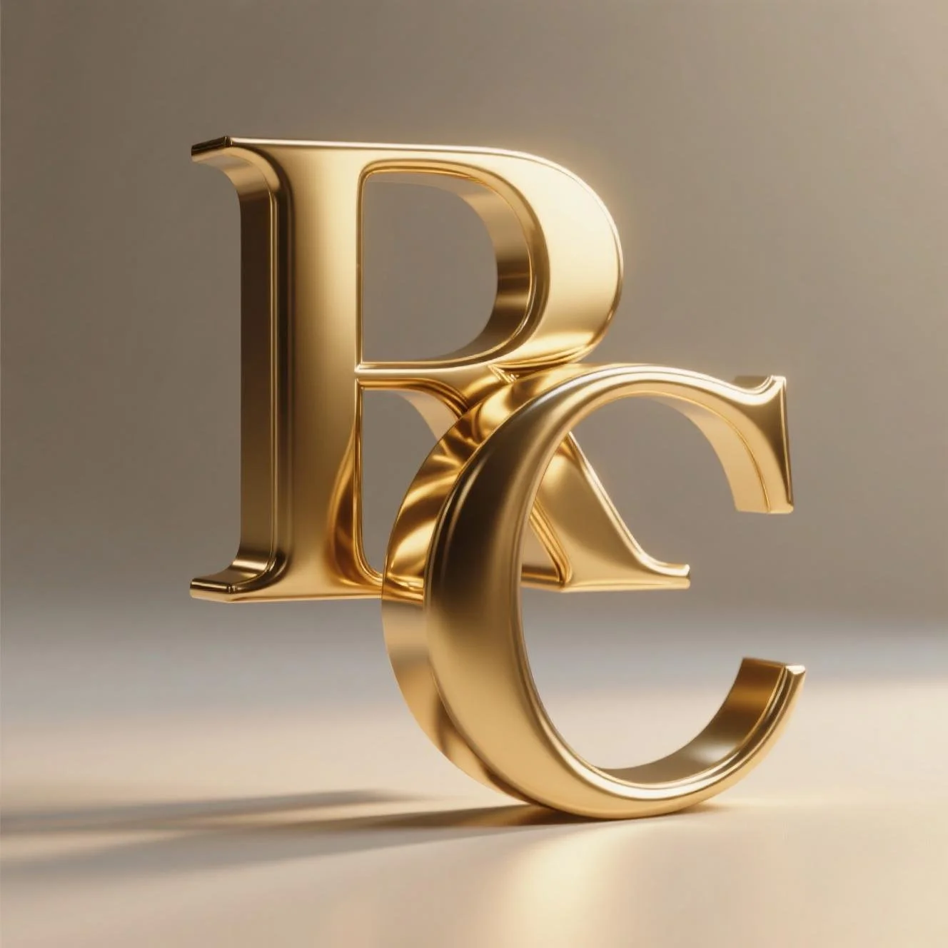 Lettere 3D dorate: R, C, e una C più piccola, sospese su sfondo neutro