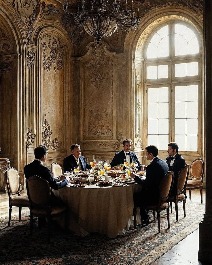 Gruppo di sei uomini eleganti che cenano in una stanza lussuosa con pareti decorate, grandi finestra e lampadario chandelier.