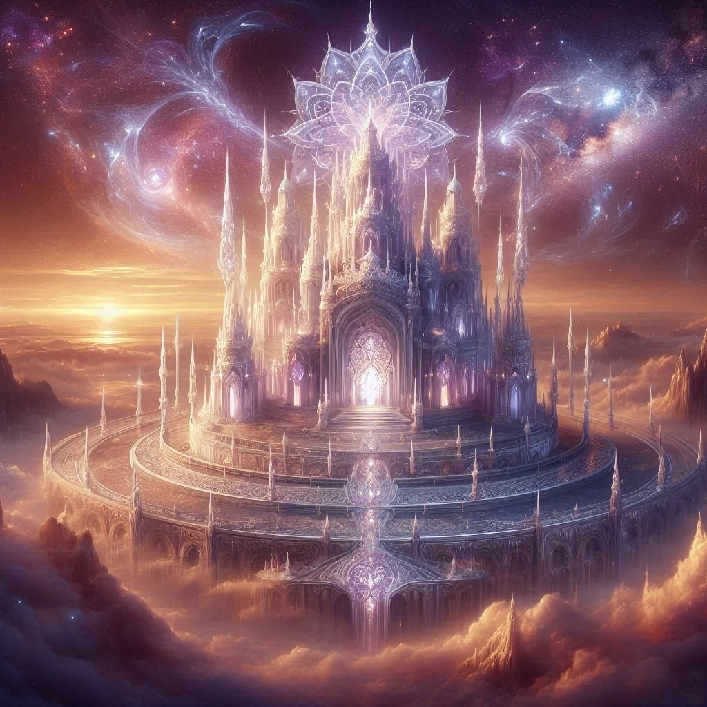 A fantastical, glowing castle floating amidst clouds and a cosmic sky with stars and swirling nebulae.