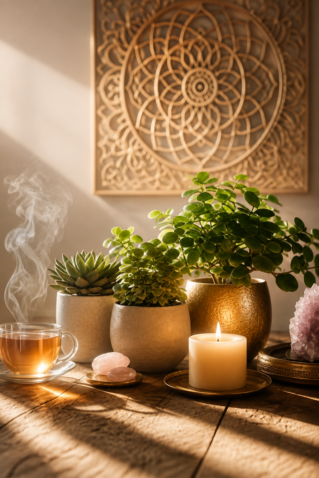 Plants in ceramic pots, lit candle, steaming herbal tea, pink crystals on a gold tray, decorative wall art in the background with geometric patterns, and soft sunlight on a wooden surface.