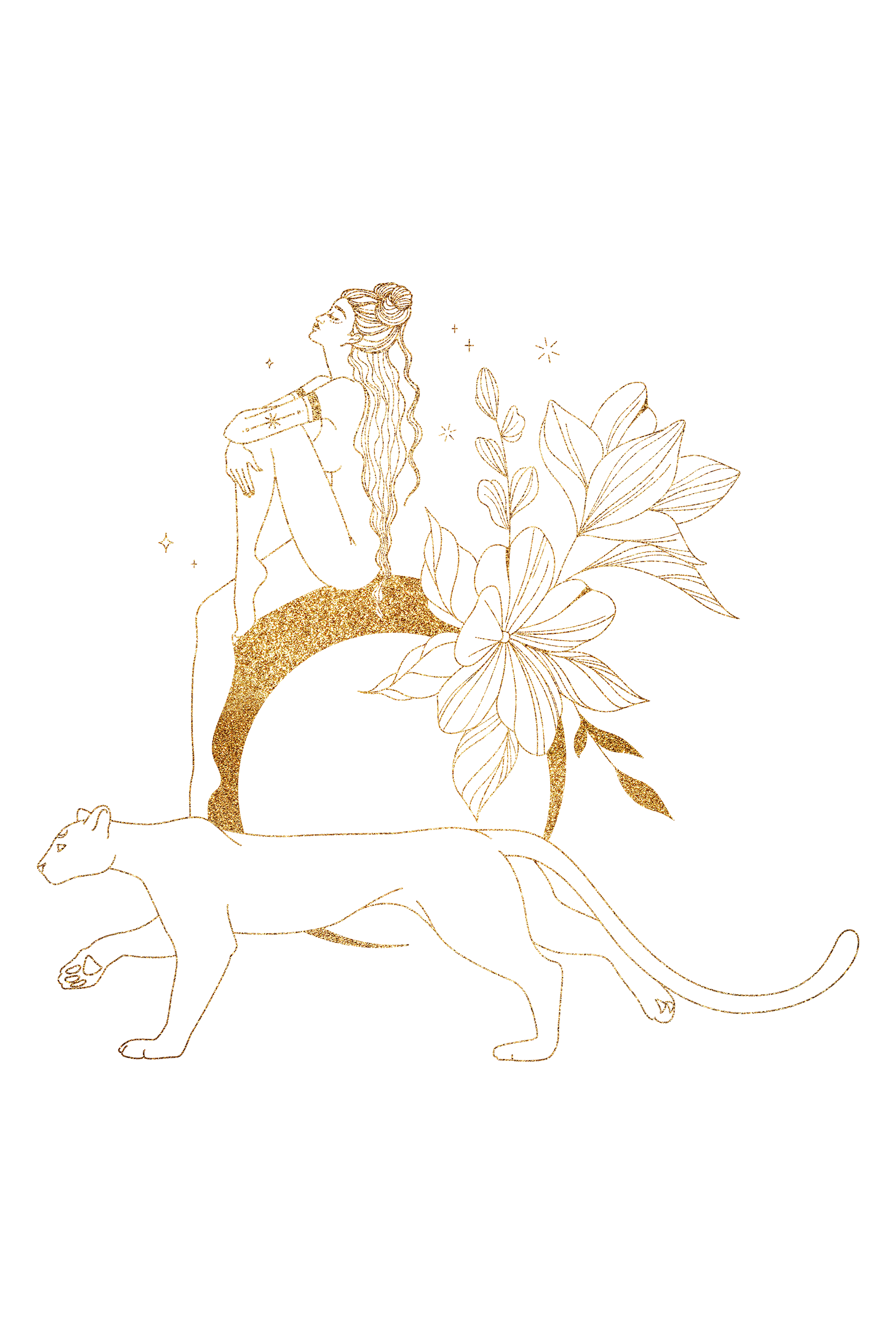 A minimalist gold line art illustration of a woman sitting atop a crescent moon, surrounded by leaves, a lioness walking, a full moon, stars, and scattered sparkles on a black background.