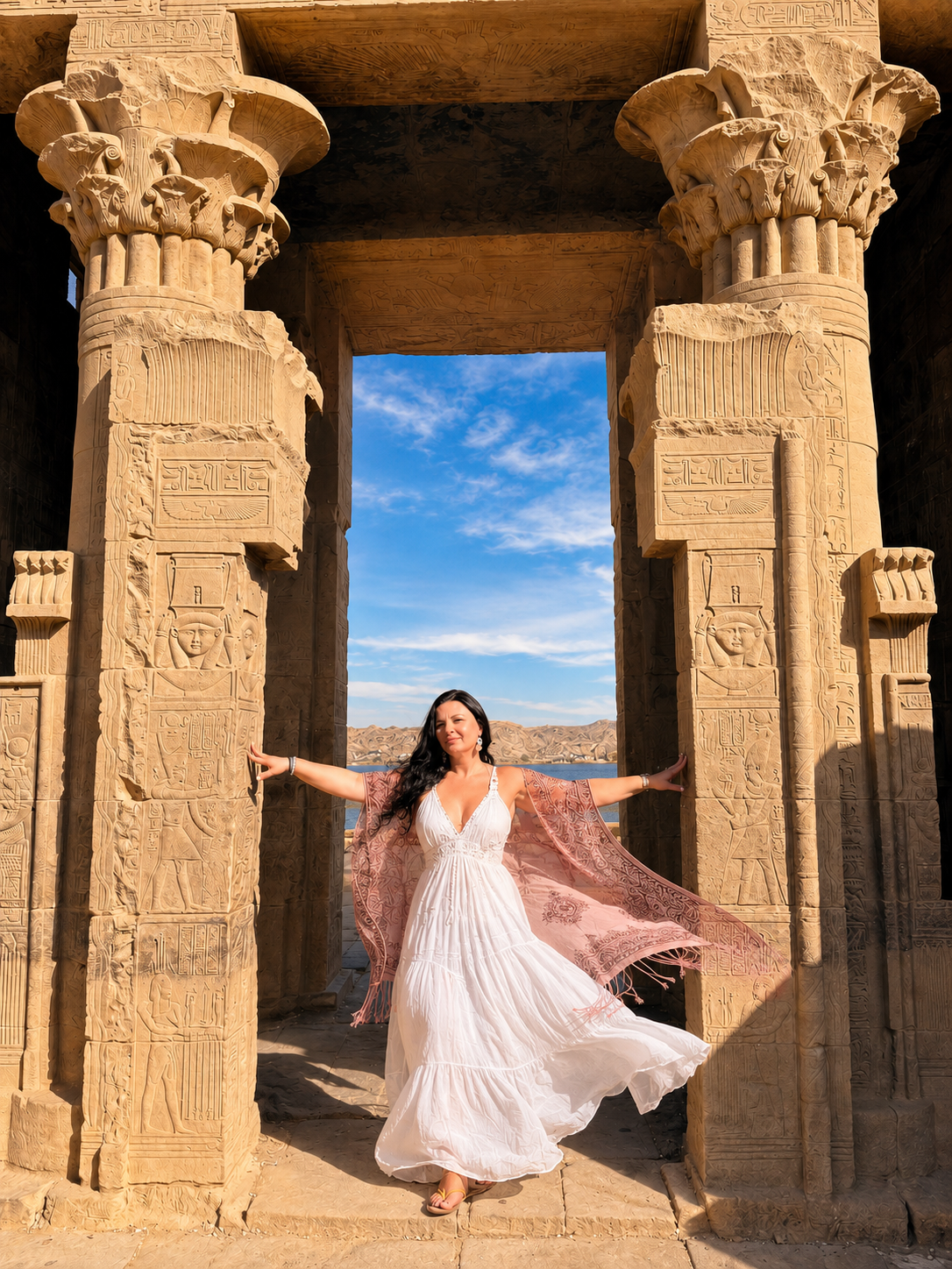Woman in a white dress and pink shawl standing at an ancient Egyptian monument with hieroglyphs, with mountains and a blue sky in the background.