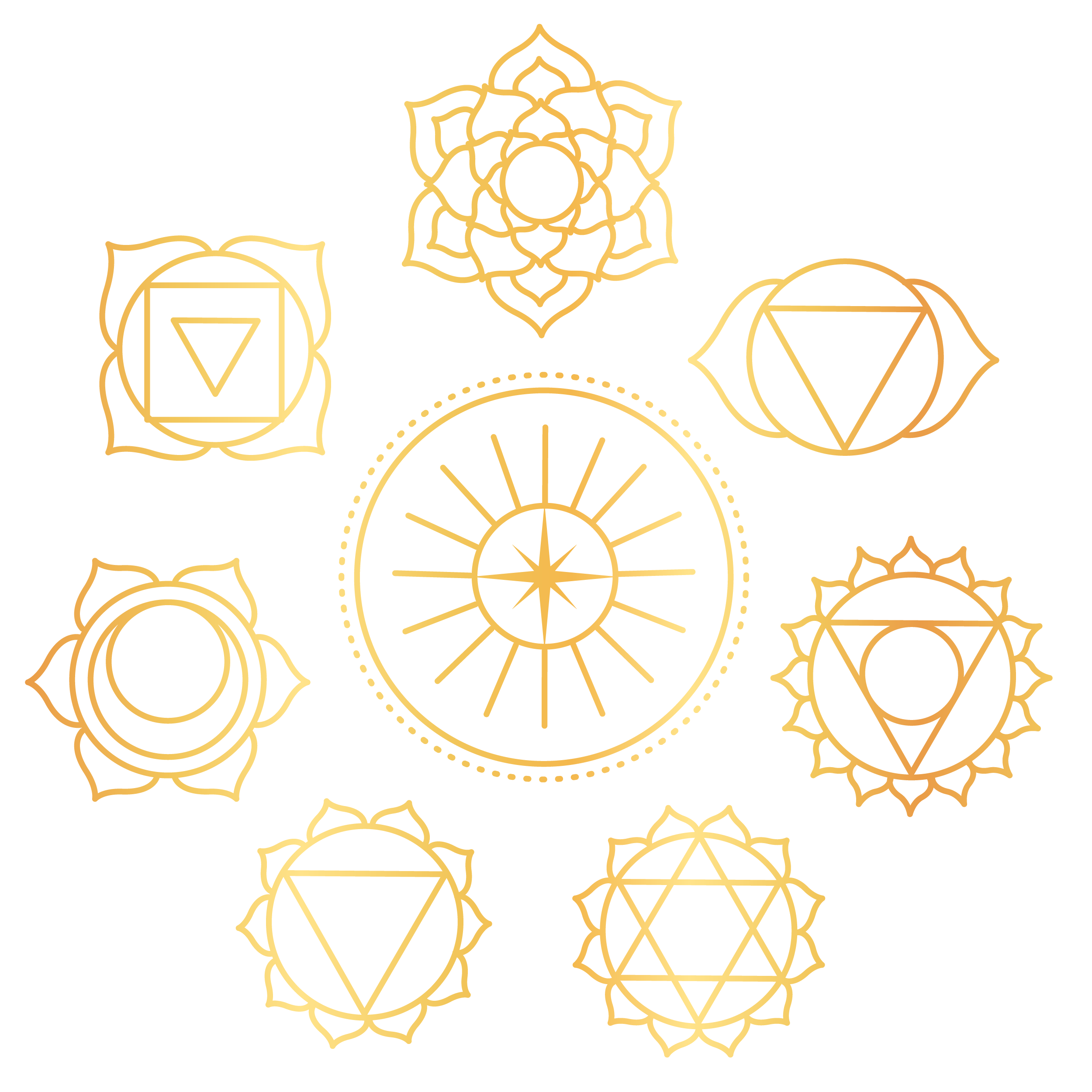 Close-up image of several gold chakra symbols arranged in a circle around an illuminated sun.