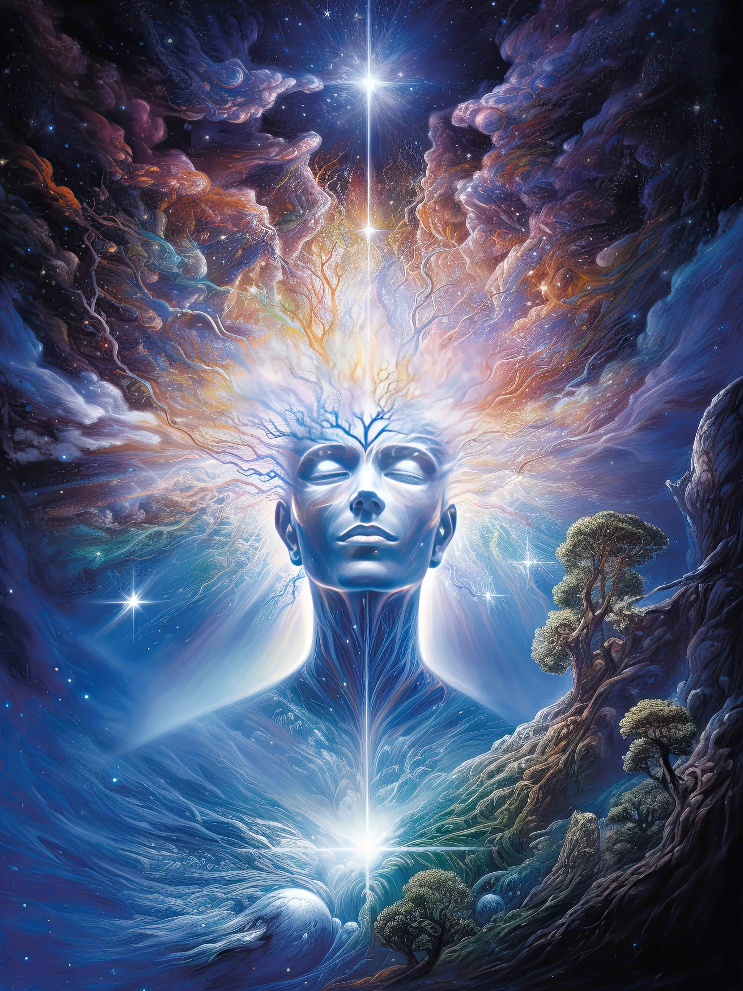 A surreal digital painting of a human face with closed eyes, surrounded by glowing light and cosmic elements. Tree-like branches are emerging from the head, extending upwards towards a bright star, with swirling clouds, stars, and trees in the background.