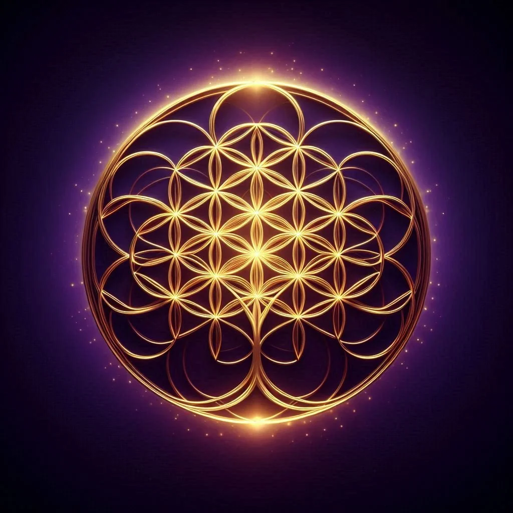 A glowing geometric pattern called the Flower of Life, composed of multiple evenly-spaced, overlapping circles arranged in a flower-like pattern, illuminated with gold light against a dark purple background.