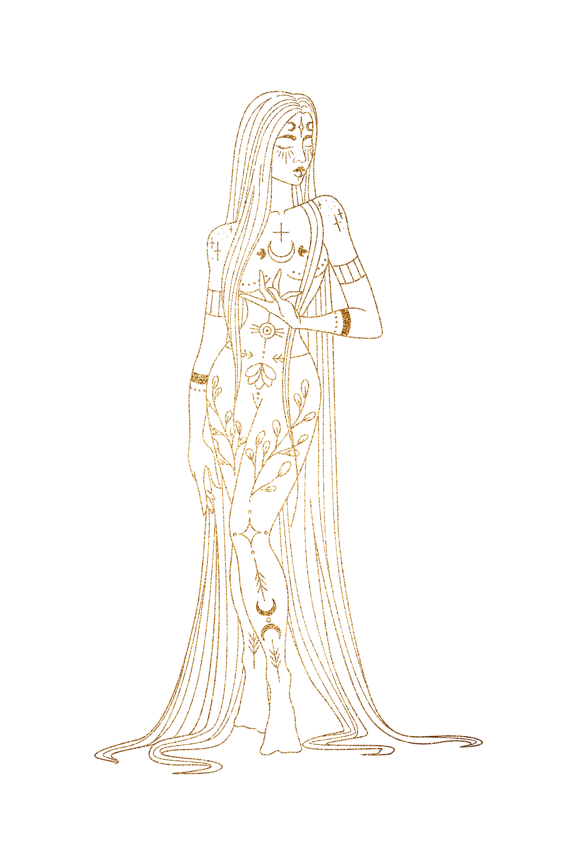 Gold outline of a woman with long hair, wearing a flowing dress decorated with celestial and botanical symbols.