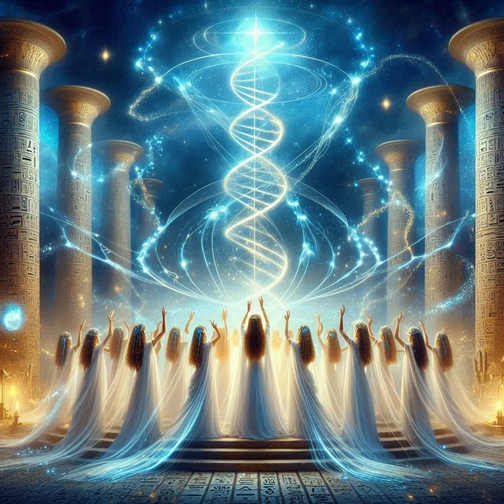 A group of women in flowing white dresses with long, braided hair raising their hands towards a glowing DNA double helix in a mystical, ancient Egyptian temple setting with tall, hieroglyph-covered columns and a starry, cosmic background.