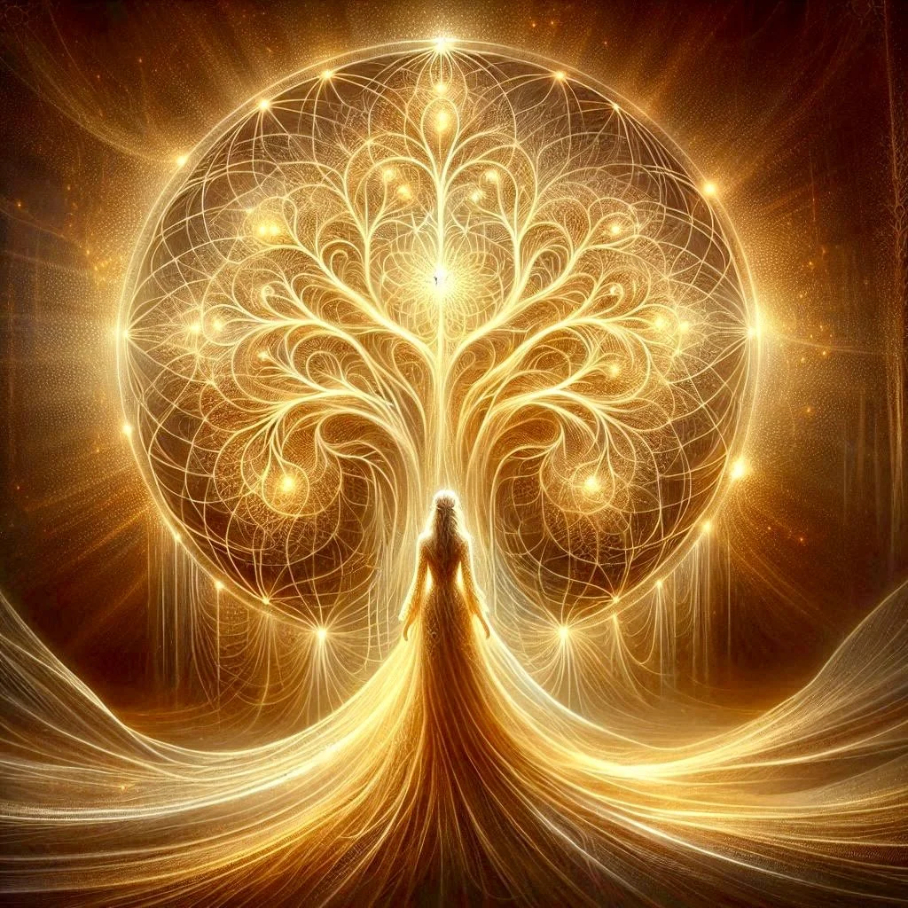 A glowing, mystical tree with intricate light patterns and a human figure standing beneath it in a luminous, golden setting.