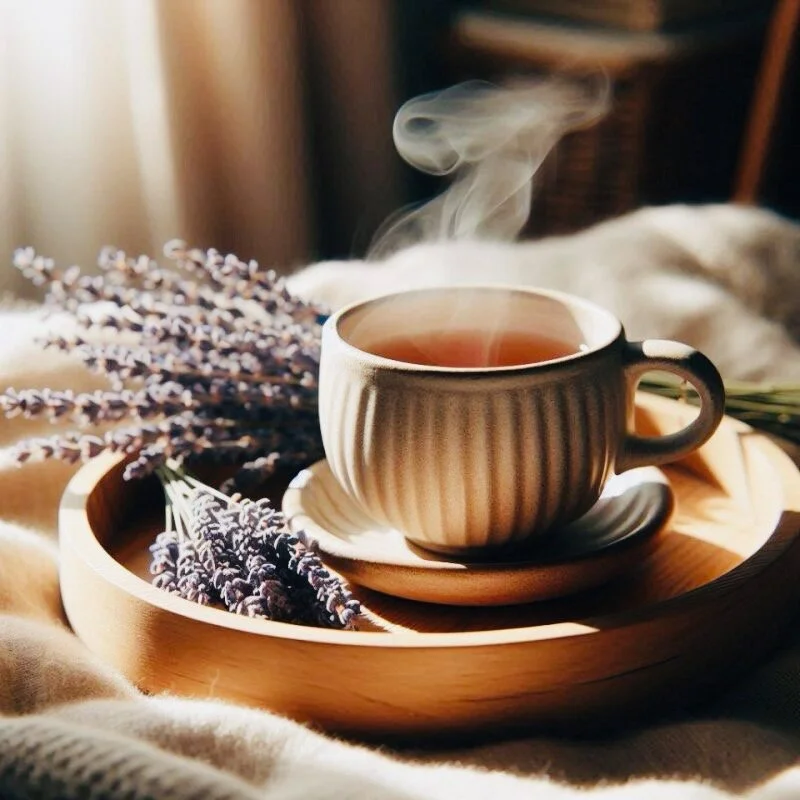 A steaming cup of tea on a wooden tray, surrounded by lavender flowers, with a dog lying in the background near a window.
