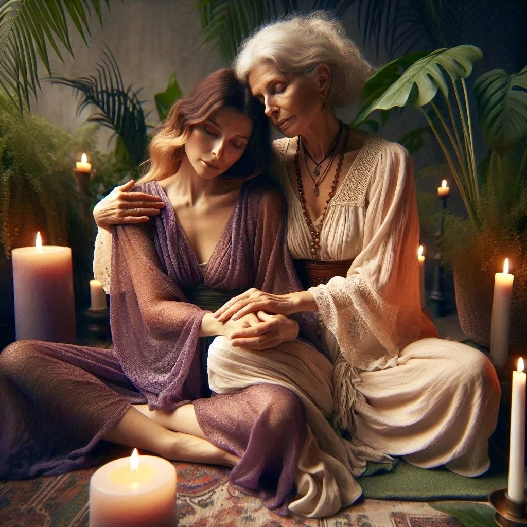 Two women sitting closely together surrounded by lit candles and large green leaves; one woman appears older with gray hair, the other younger with brown hair; they hold hands and the older woman gently touches the younger woman's shoulder, creating a warm, intimate scene.