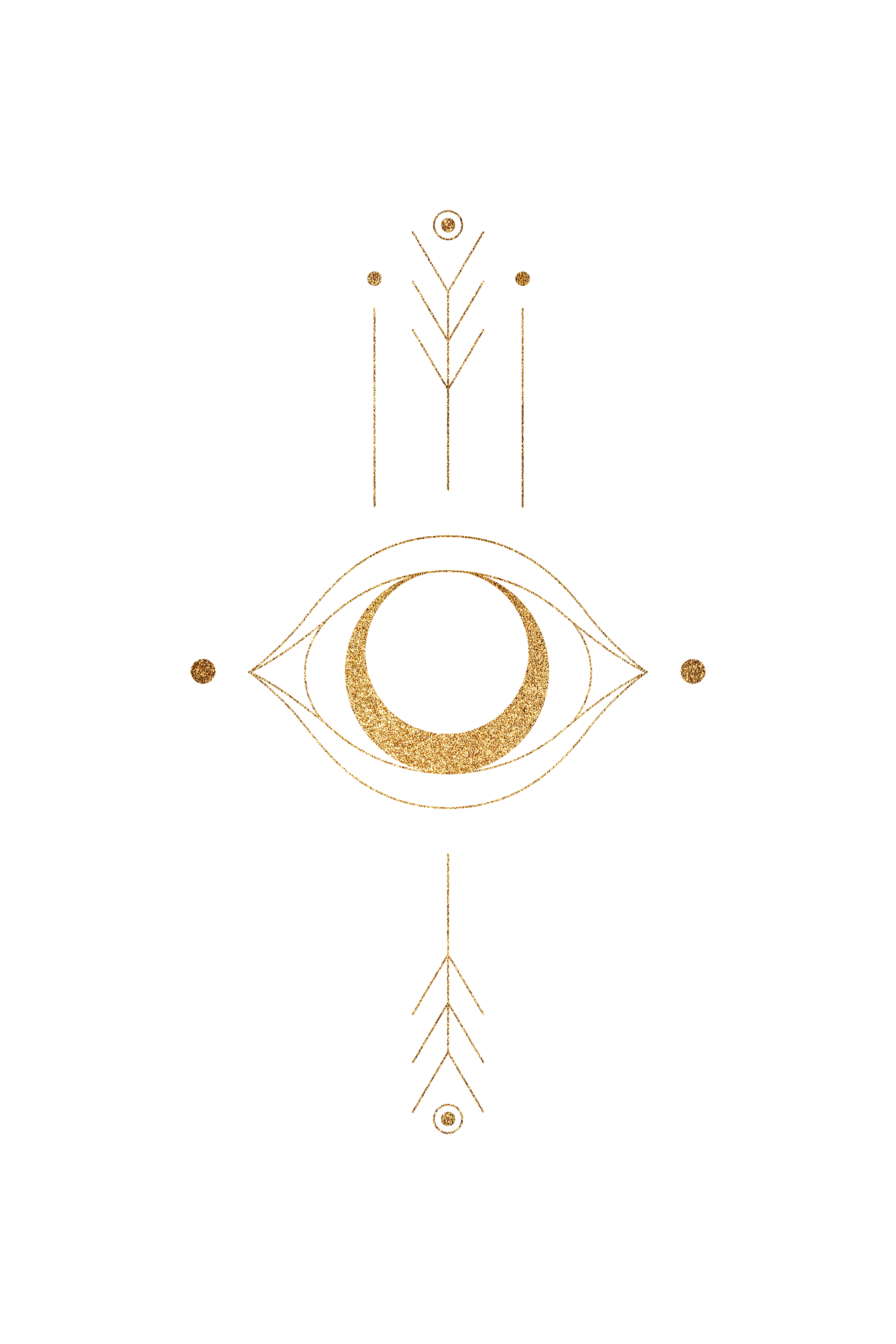 Golden line art design of an eye, a crescent moon, and geometric shapes.