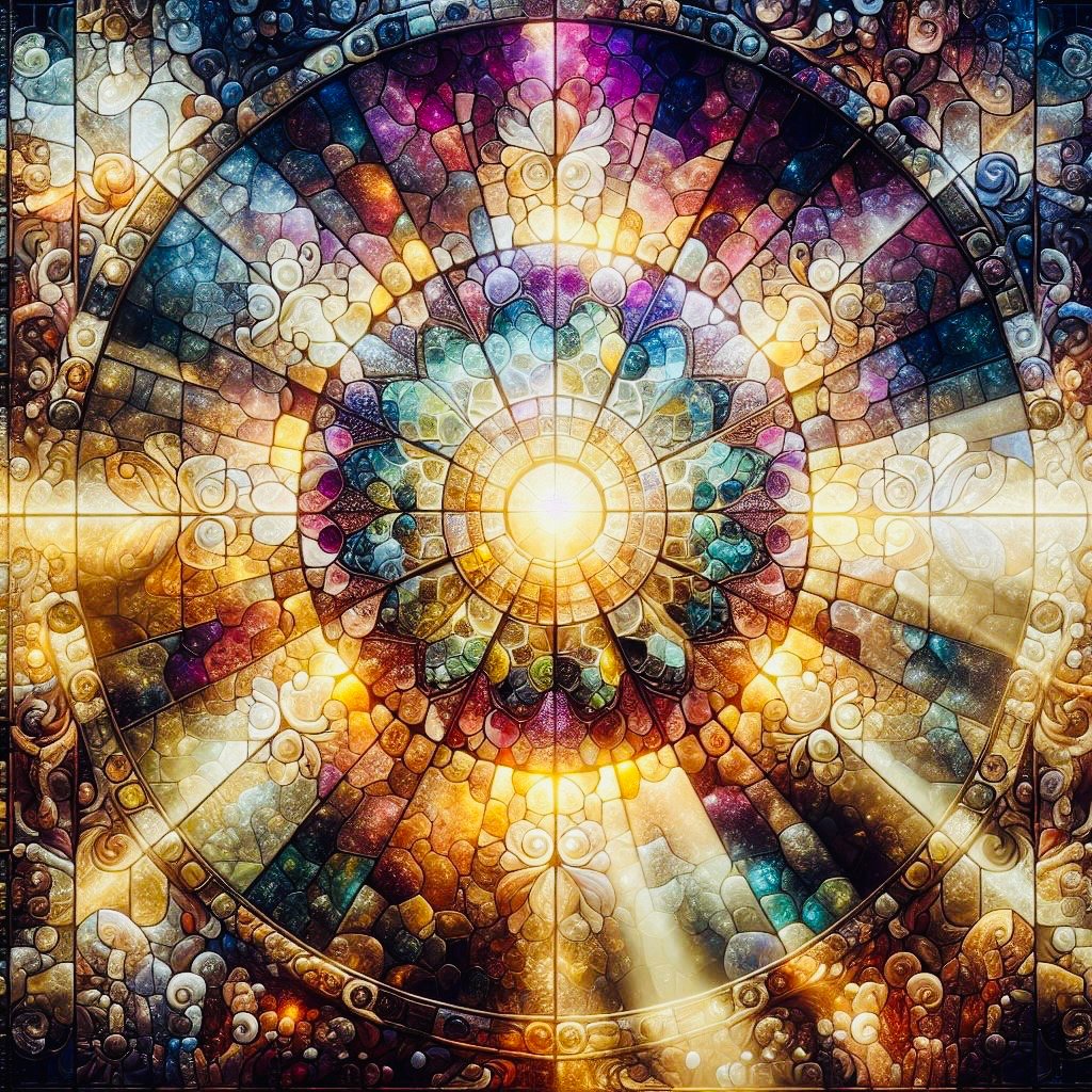 A colorful stained glass clock with a radiant sunburst in the center, featuring various geometric shapes and swirls.