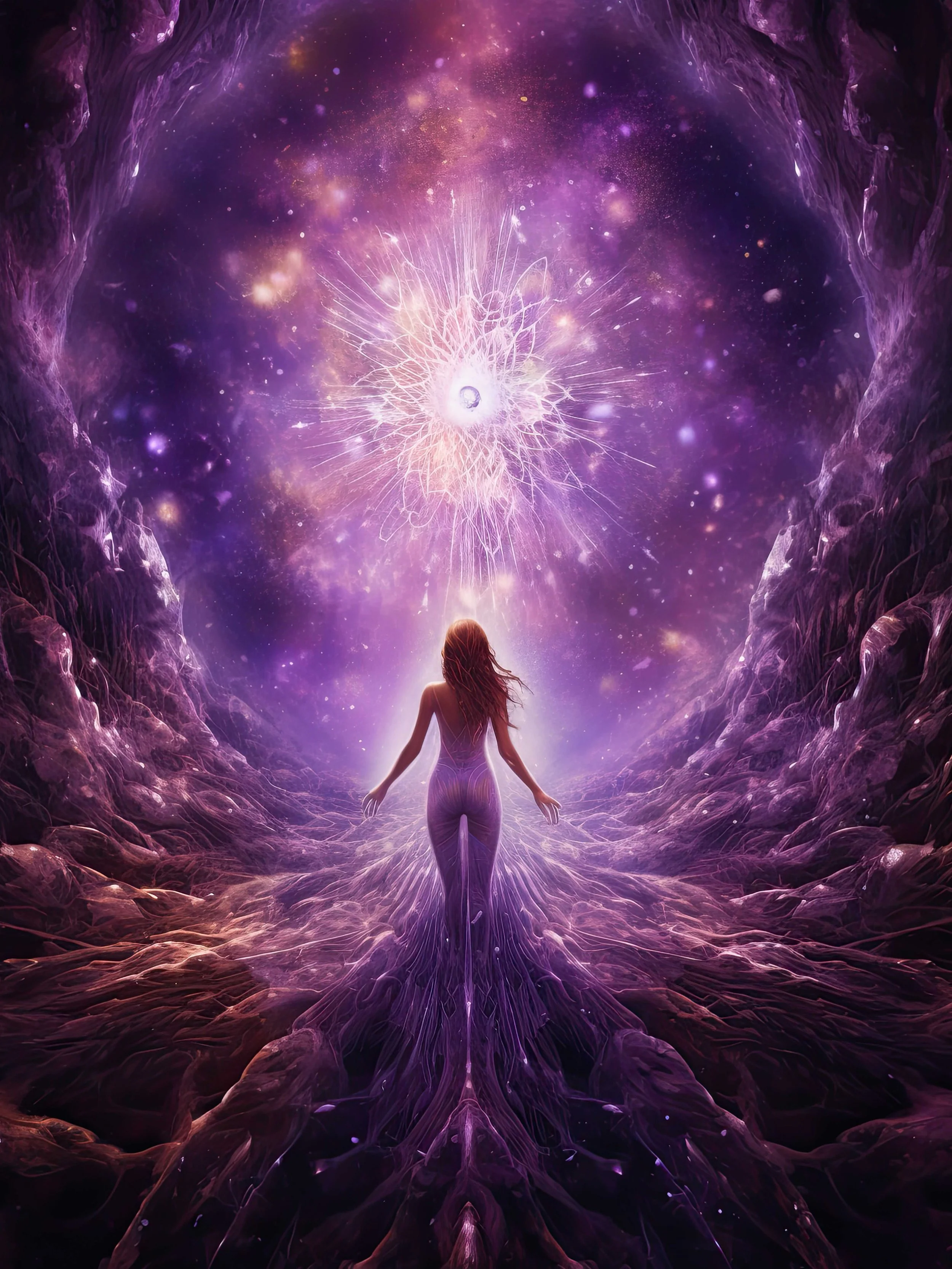 A woman with long hair standing in a mystical, purple-lit cavern looking up at a glowing, energetic cosmic explosion in the sky.