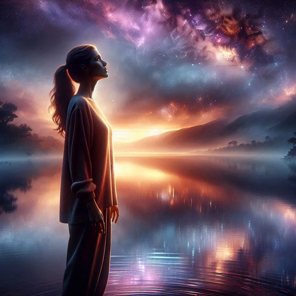 A woman stands by a calm lake at sunset, gazing up at a vibrant starry sky and the Milky Way galaxy.