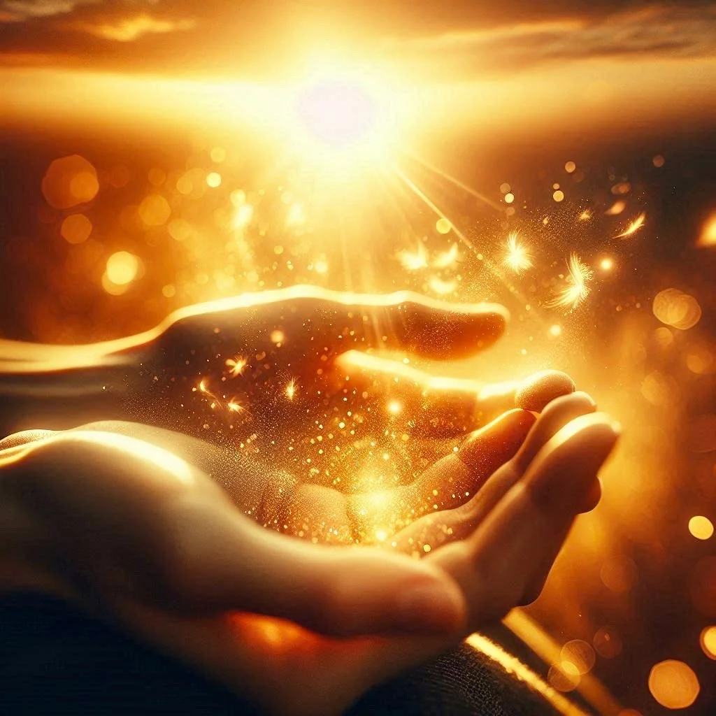 A hand holding glowing golden light and sparks, with a bright sun and sunset in the background.