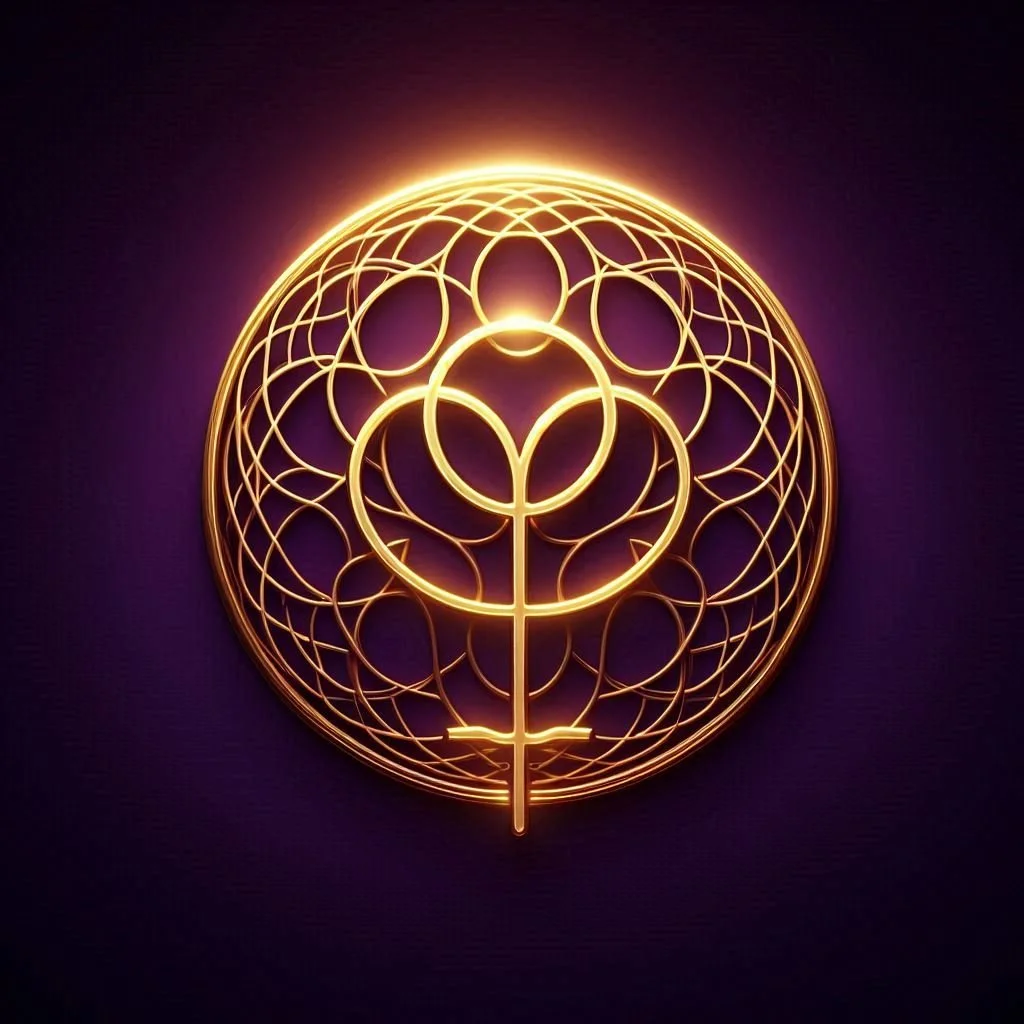Glowing gold geometric pattern with an abstract tulip shape inside a circular frame, illuminated against a dark purple background.