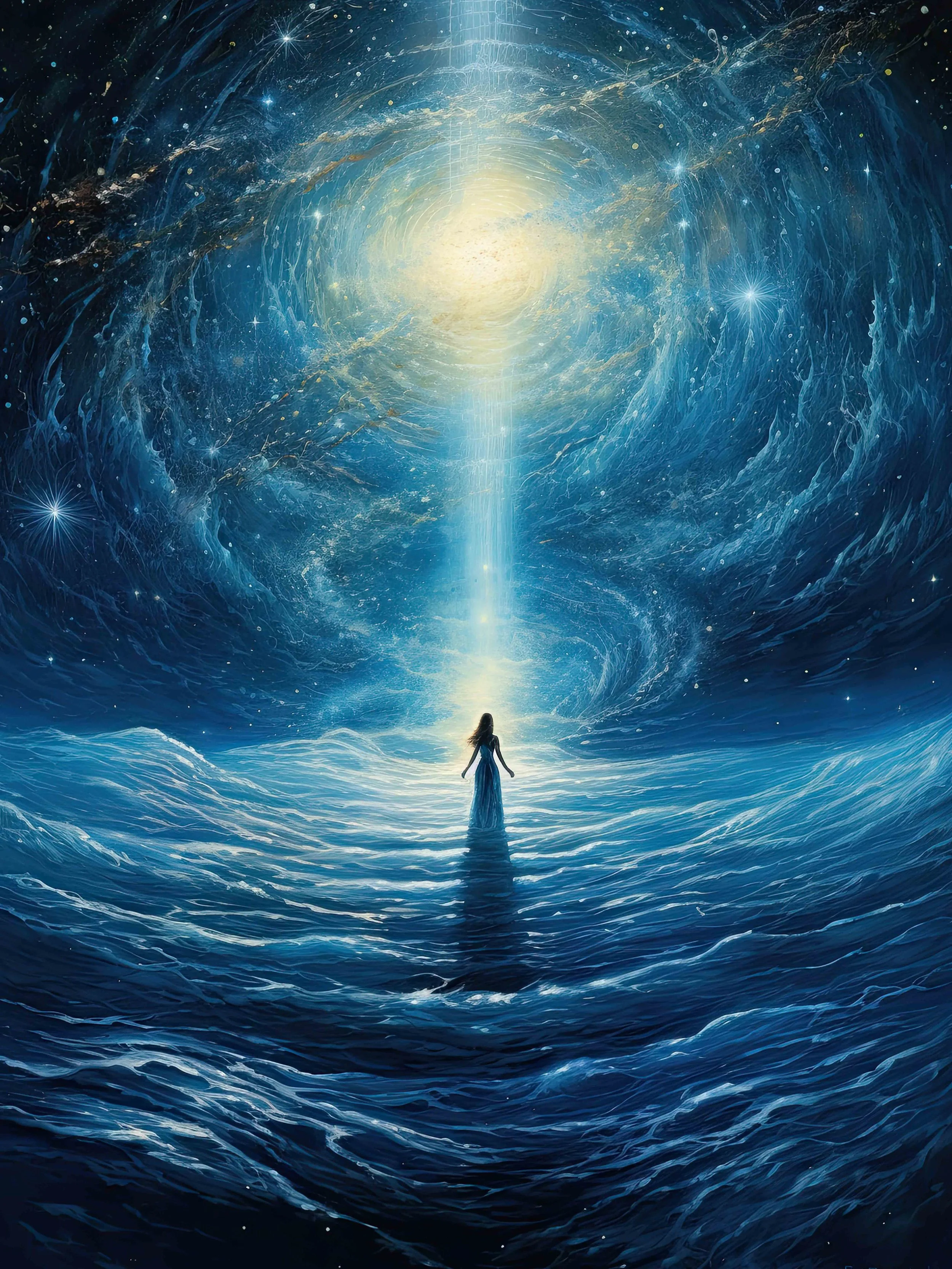 A woman in a long dress standing in water under a swirling cosmic sky with a large bright light or star shining down.