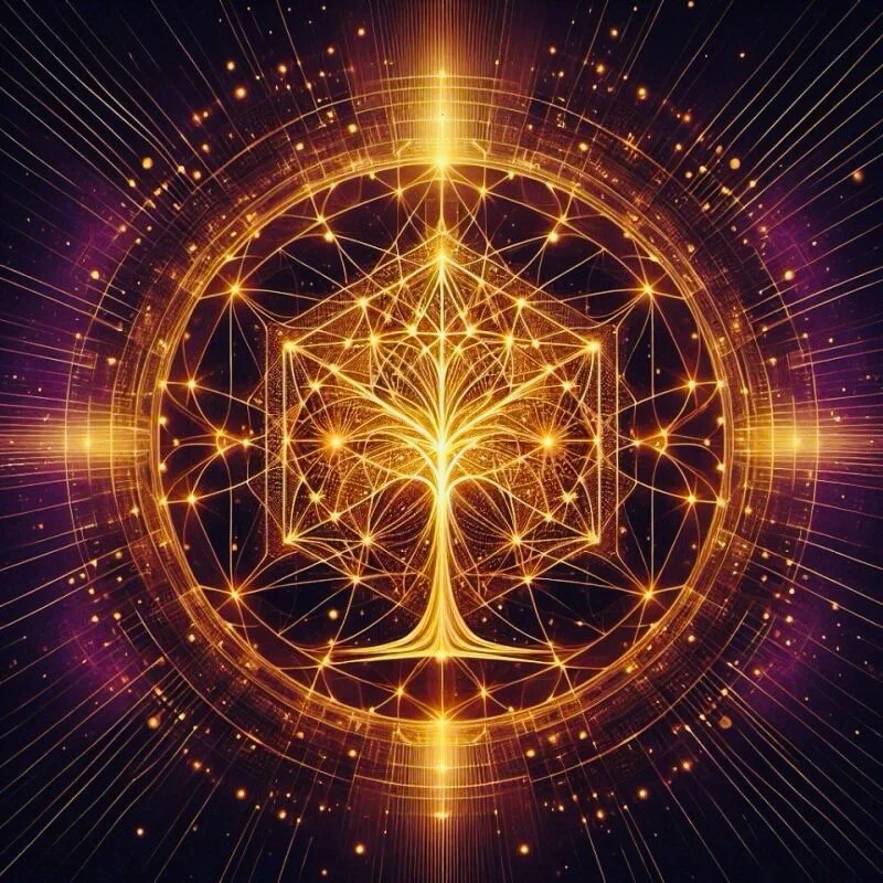 A golden tree of life in a sacred geometry pattern