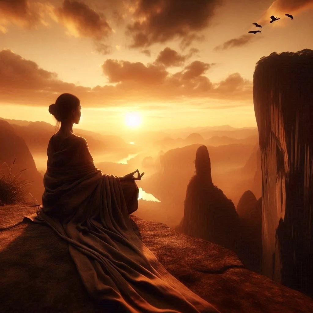 A silhouette of a woman sitting on a rocky ledge during sunset, with mountains and cliffs in the background, and birds flying in the sky.